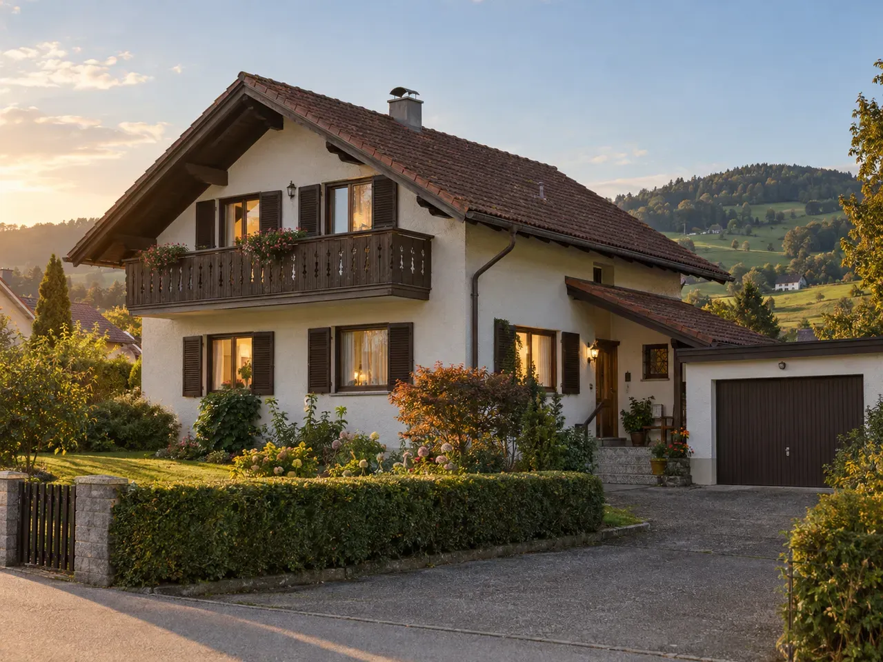 Bewohntes Einfamilienhaus aus den 80er-Jahren mit Holzbalkon und Fensterläden
