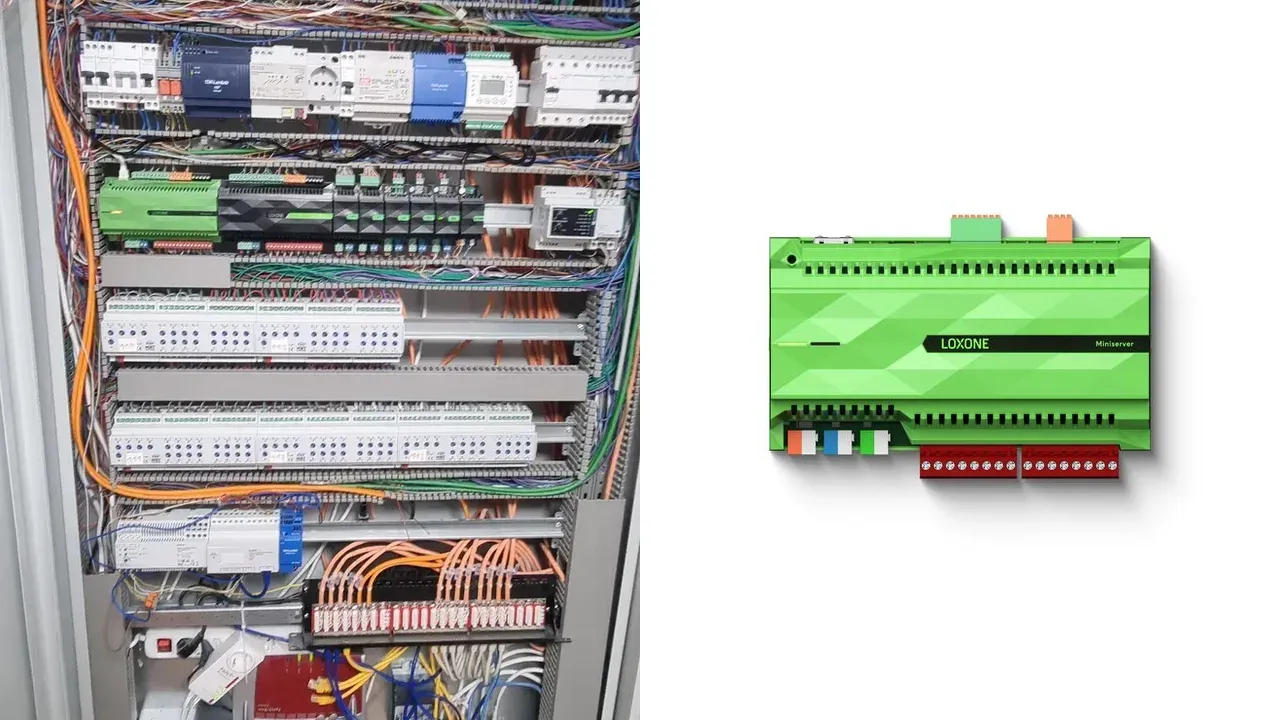 Links ein Miniserver Gen 1 im Verteiler einer übernommenen Anlage, rechts der aktuelle Loxone Miniserver