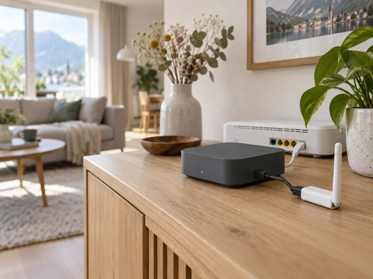 Home Assistant Green mit Funkstick auf einem Sideboard