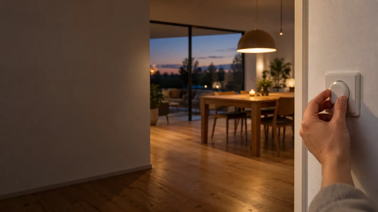 Hand dreht am Abend einen Dimmer an der Wand, dahinter der Essplatz mit gedimmter Pendelleuchte