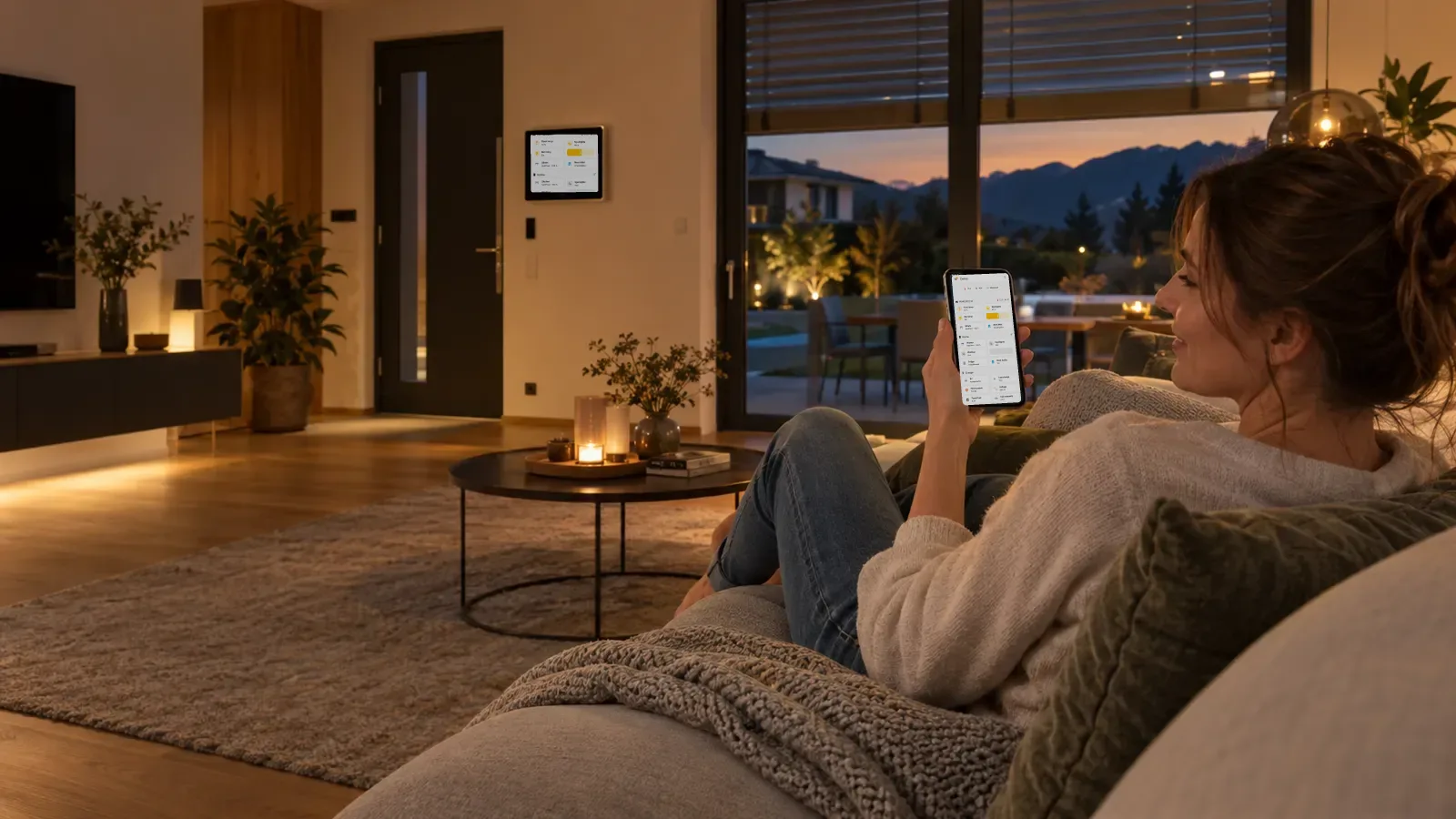Wohnzimmer am Abend, Frau auf dem Sofa steuert das Haus mit dem Handy, Wandtablet an der Tür
