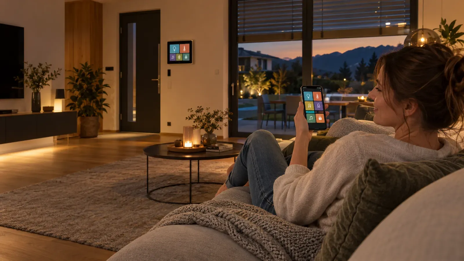 Frau auf dem Sofa steuert das Haus mit dem Handy