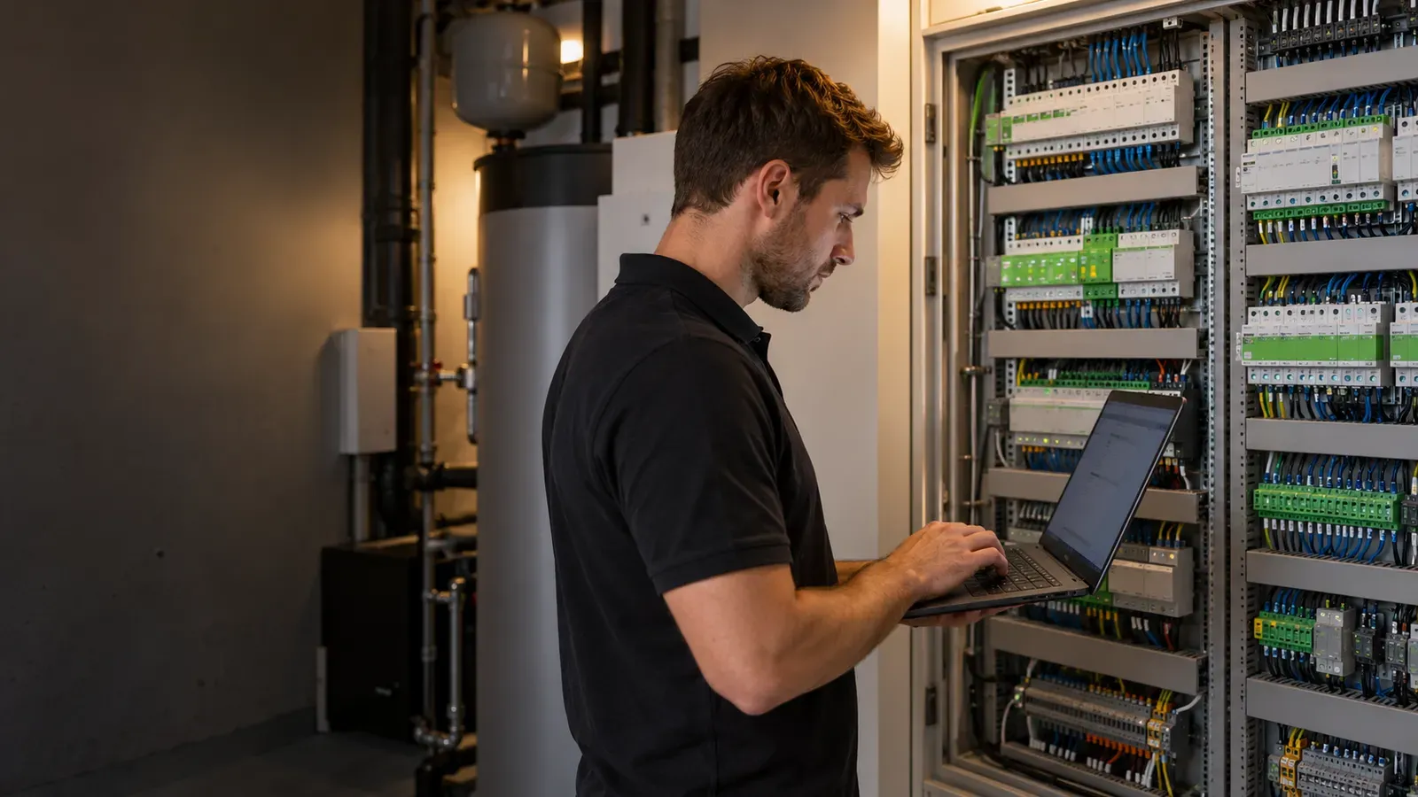 Integrator programmiert am Laptop vor einem sauber verdrahteten Verteiler im Neubau