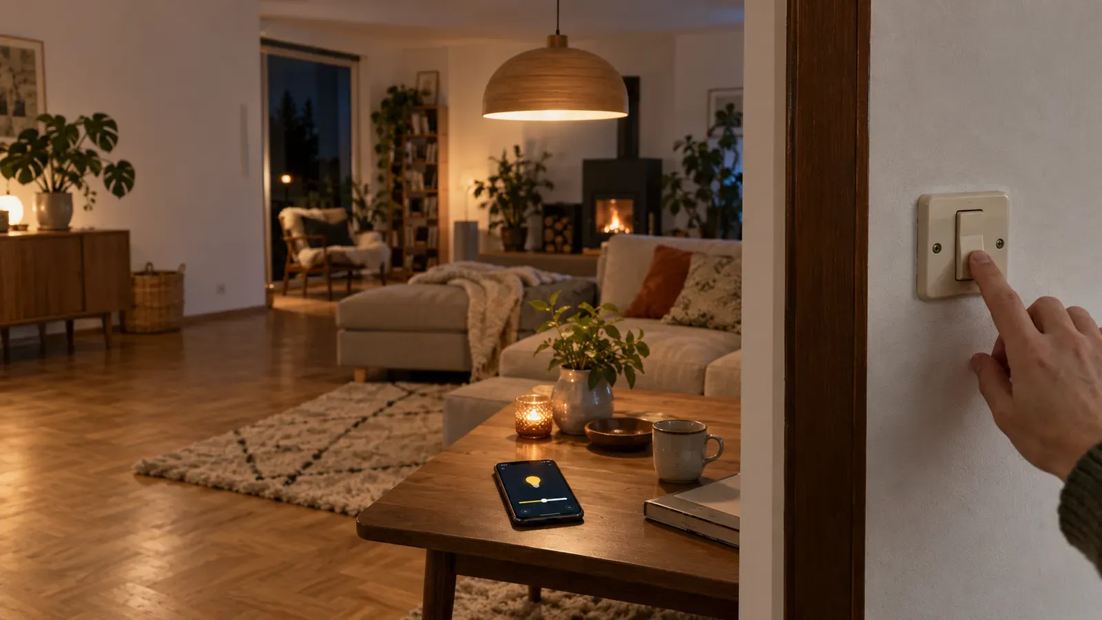 Renoviertes Wohnzimmer, Hand am vorhandenen Lichtschalter, Pendelleuchte leuchtet