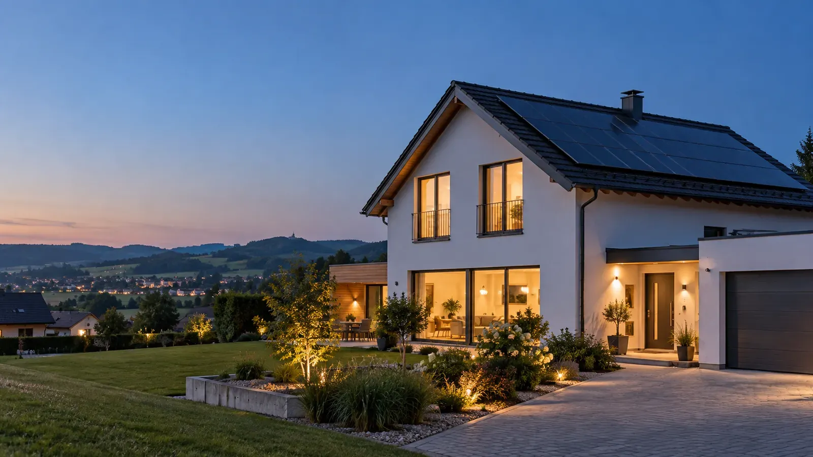 Einfamilienhaus zur blauen Stunde mit PV-Anlage am Dach