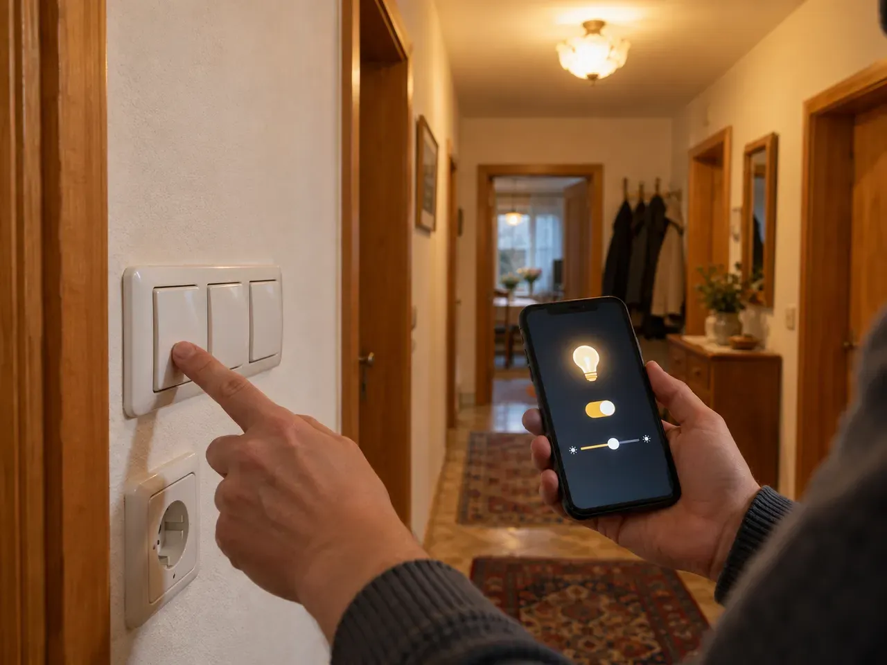Flur mit klassischen Lichtschaltern, Hand am Schalter, Handy mit Licht-App