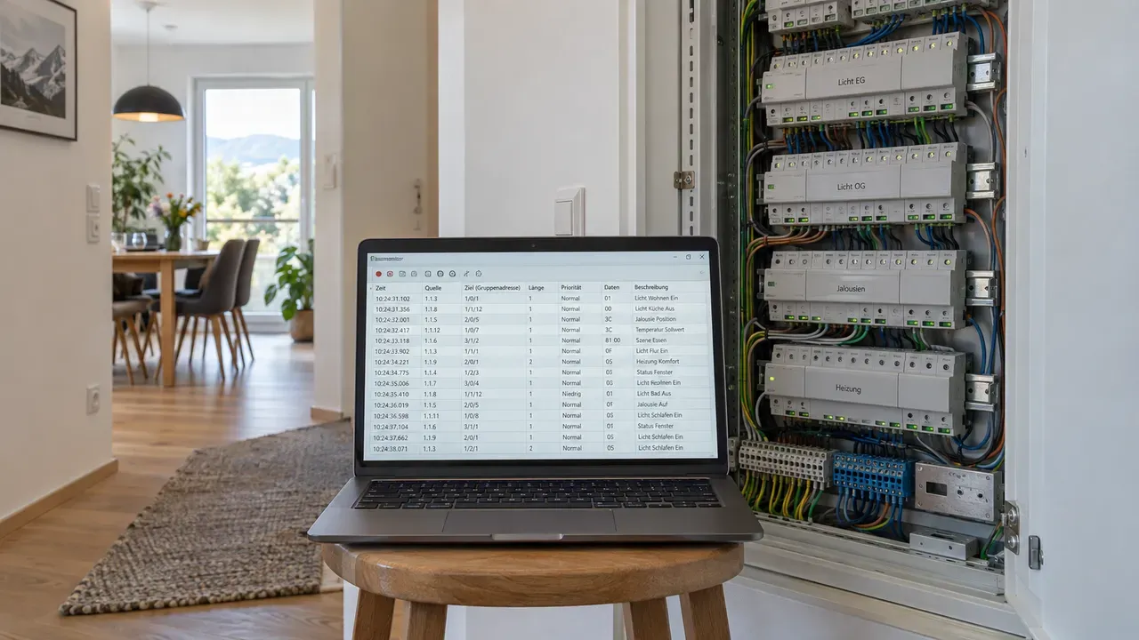 Laptop mit Busmonitor vor dem offenen Verteiler