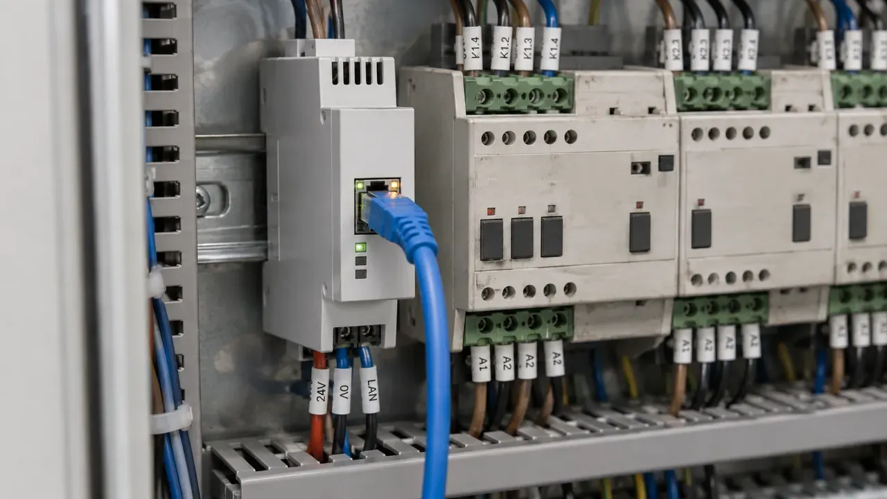 IP-Schnittstelle mit Netzwerkkabel neben älteren Aktoren auf der Hutschiene