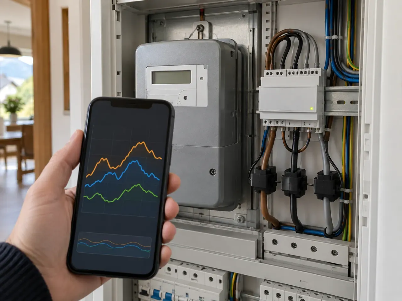 Zählerschrank mit Energiemessmodul und drei Stromwandlern, Handy zeigt die Leistung live