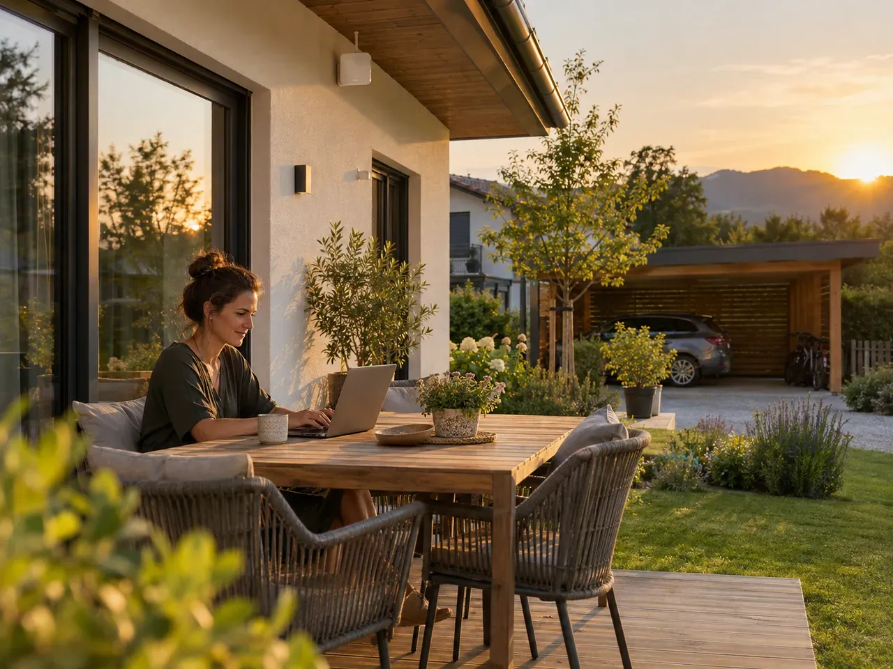 Terrasse am Abend, Laptop am Gartentisch, Außen-Access-Point unter dem Vordach
