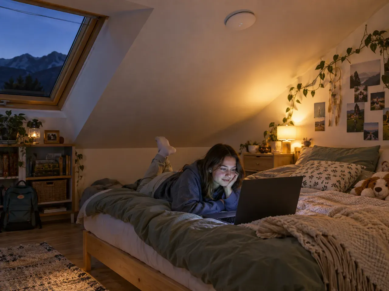 Jugendliche streamt im Dachgeschoßzimmer, Access Point an der Decke