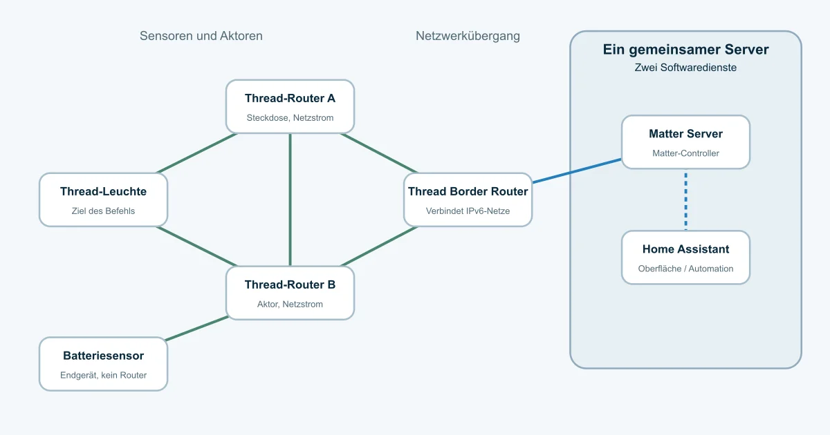 Thread-Netzwerk mit Geräten und Home Assistant auf einem gemeinsamen Server