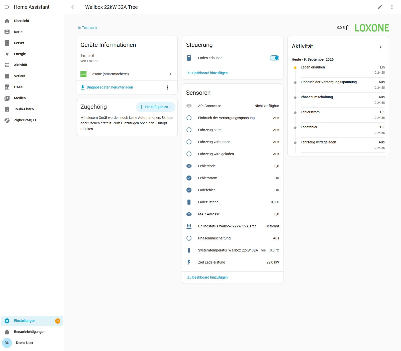 Geräteseite der Wallbox Tree mit Ladefreigabe, Sensoren und getrenntem Onlinestatus im Testprojekt