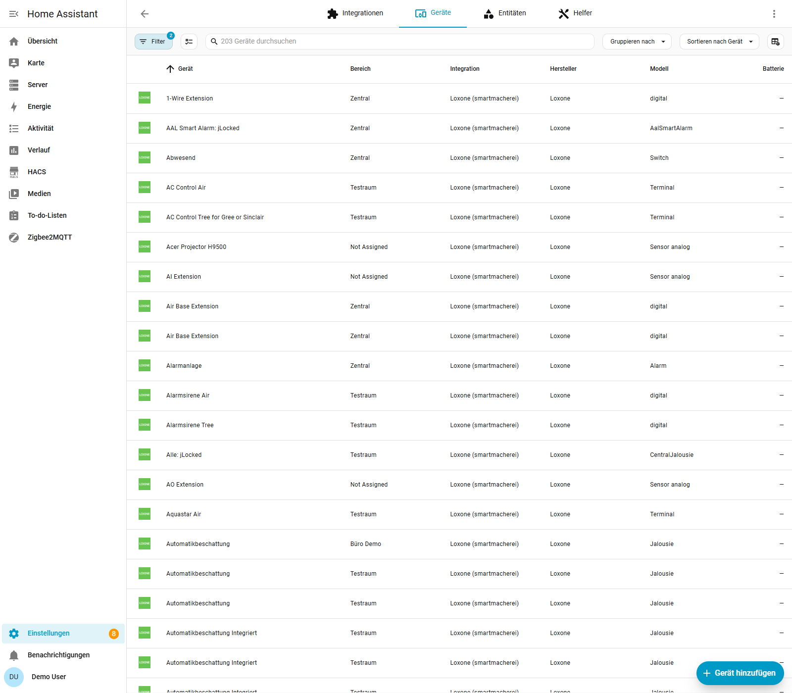 Loxone-Geräteliste in Home Assistant mit Geräten und logischen Steuerungen aus dem Demoprojekt