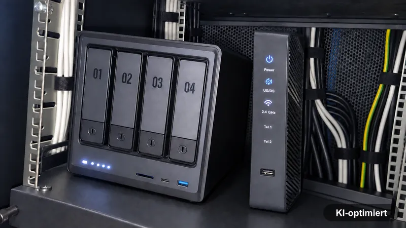 NAS-Server mit vier Laufwerken und Provider-Router im Netzwerkschrank