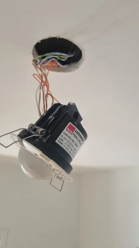 Präsenzmelder hängt beim Einbau an den Leitungen aus der Deckendose