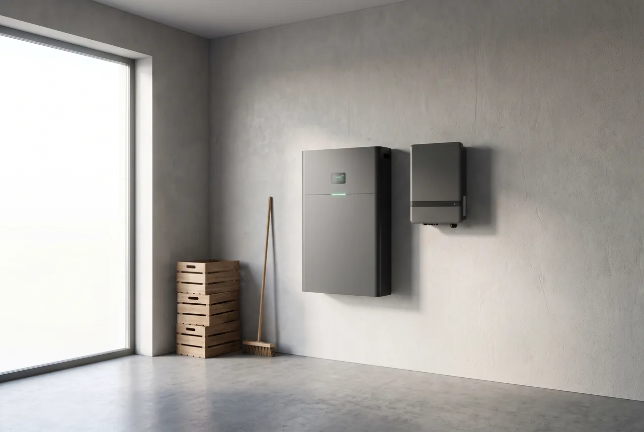 Wechselrichter und Batteriespeicher an der Wand im Technikraum