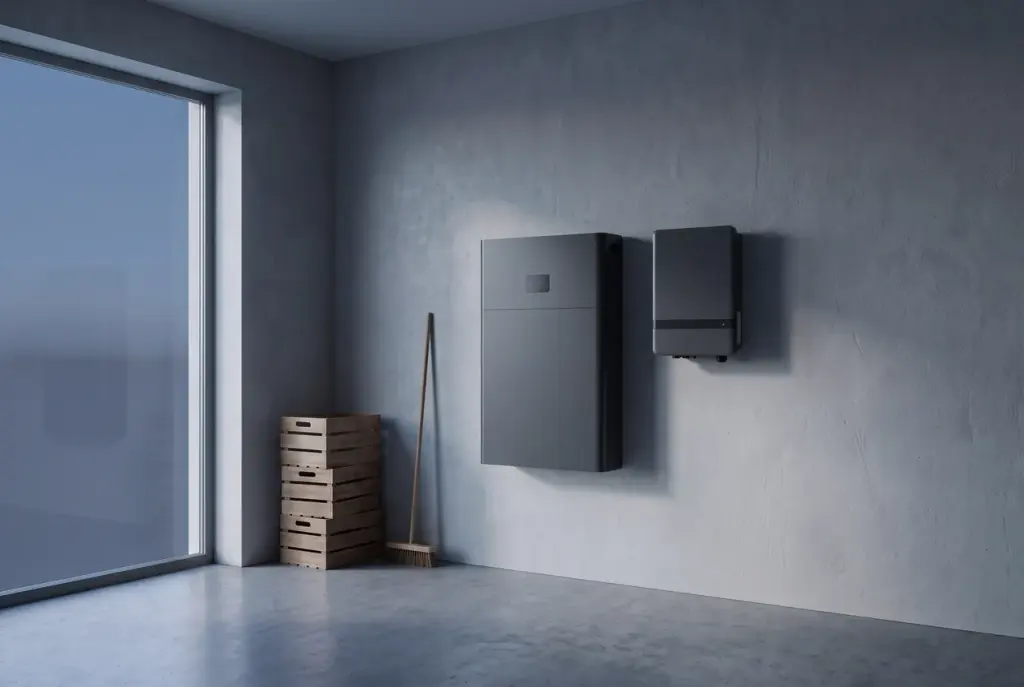 Illustration: Batteriespeicher und Wechselrichter im Haus ohne leuchtende Statusanzeige.