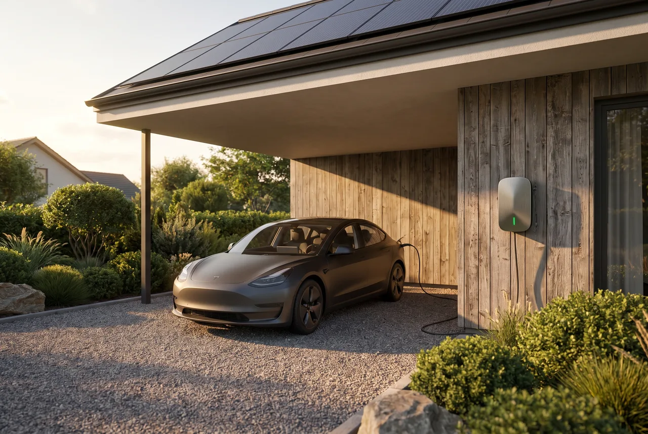E-Auto lädt an der Wallbox in der Garage aus PV-Überschuss
