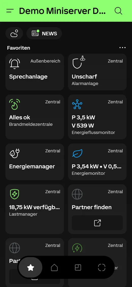 Loxone-App mit Favoriten: Sprechanlage, Alarmanlage, Energiemanager