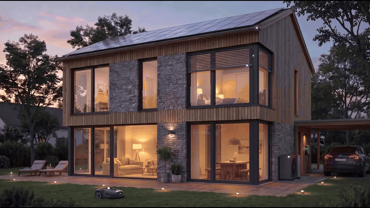 Einfamilienhaus am Abend mit PV-Dach, Wärmepumpe und E-Auto im Carport