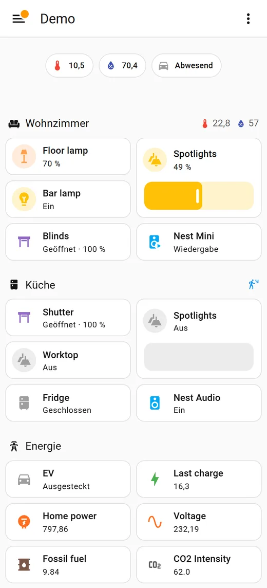 Home Assistant App am Handy: Übersicht mit Räumen, Licht, Heizung und Rollläden