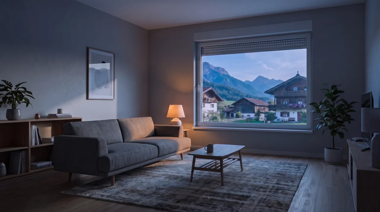 Wohnzimmer im Bestandshaus mit automatisch geschaltetem Licht