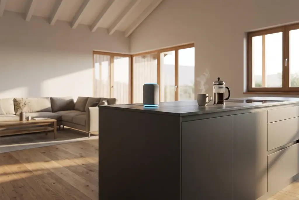 Illustration: connected speaker with an illuminated indicator on the kitchen island.