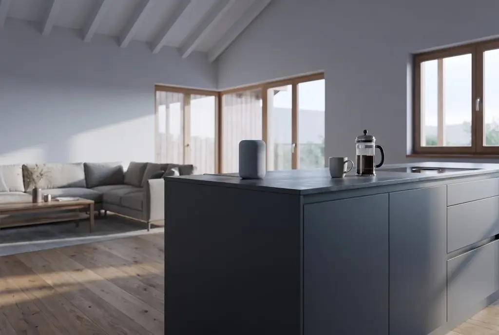 Illustration: speaker without an illuminated indicator on the kitchen island.