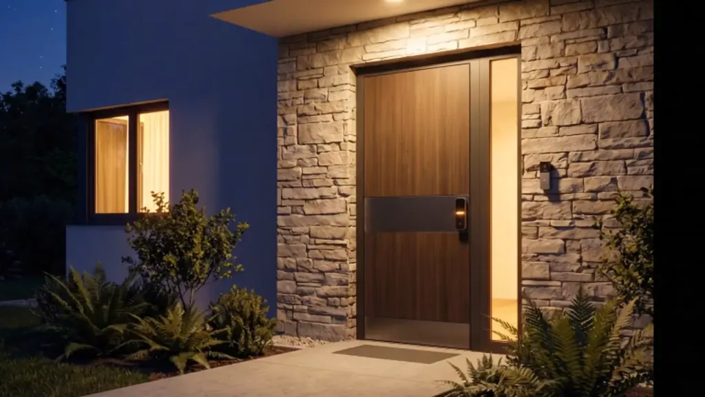 Illustration: home entrance with a closed door and lights switched on.
