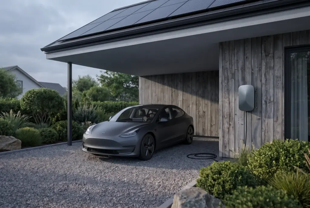 Illustration: electric car beside a wallbox at dusk.