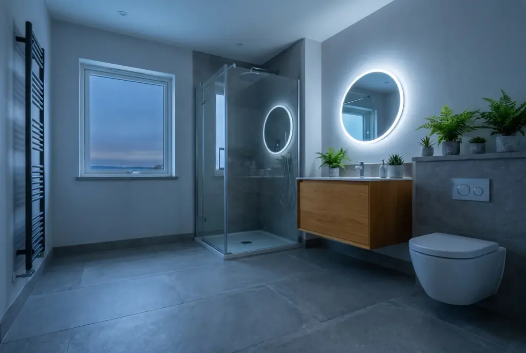 Illustration: bathroom in cool colours representing an unheated room.