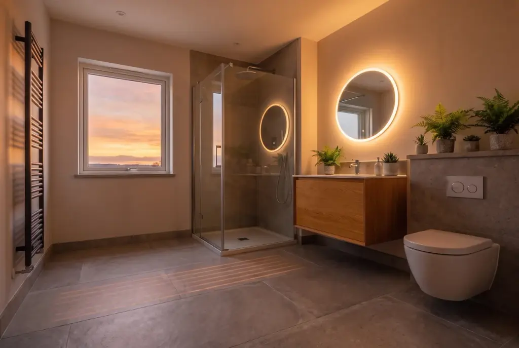 Illustration: bathroom in warm colours representing a preheated room.